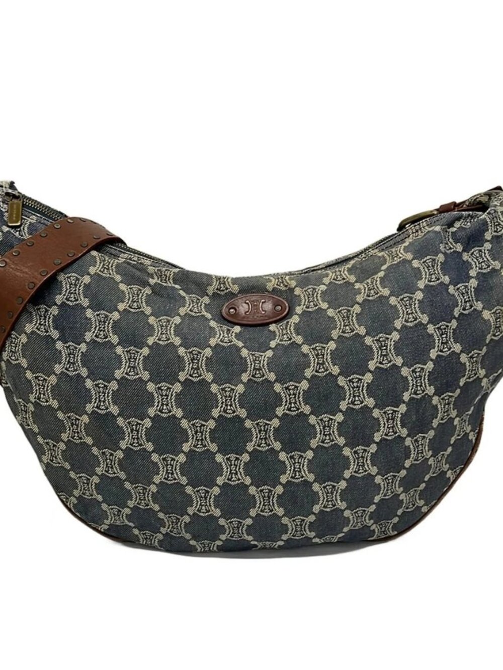 CELINE Macadam Shoulder bag Navy Brown Denim Leather Shoulder Bag